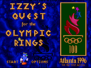 Izzy's Quest for the Olympic Rings title screen for Super Nintendo